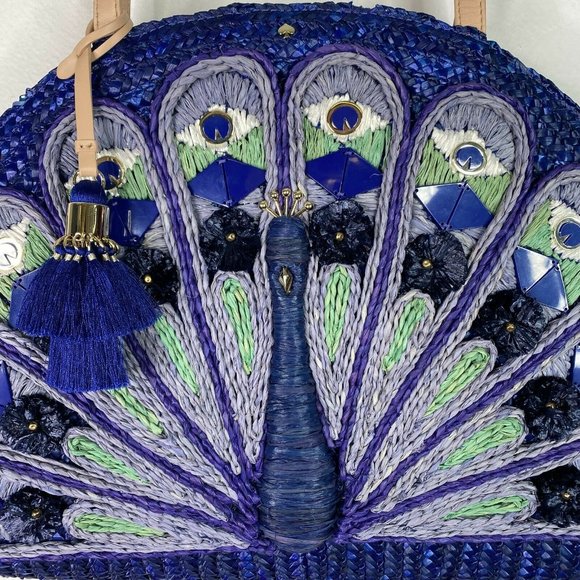 Kate Spade Womens Blue Full Plume Embroidered Straw Peacock Clutch Handbag - Picture 3 of 8